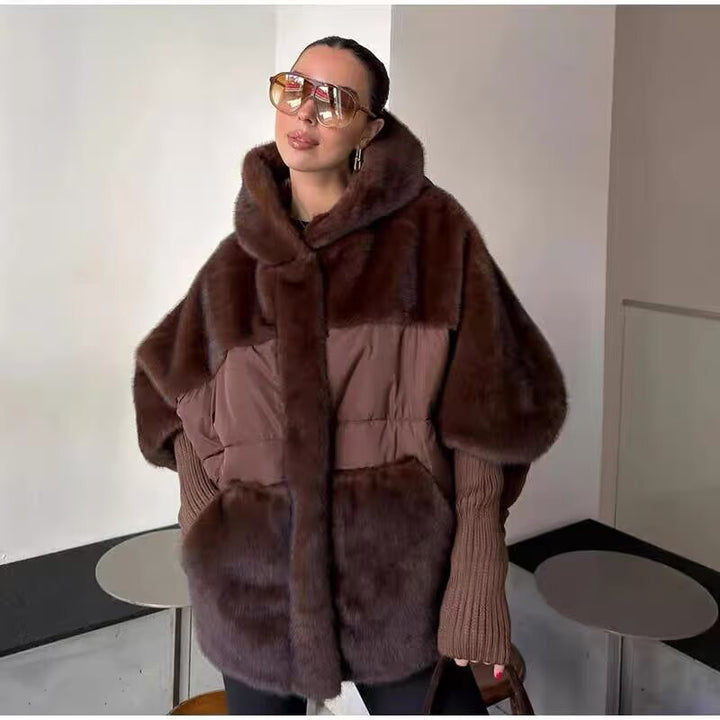 Dam Vadderad Kort Jacka med Faux Fur Insert, Huva och Ribbed Muddar