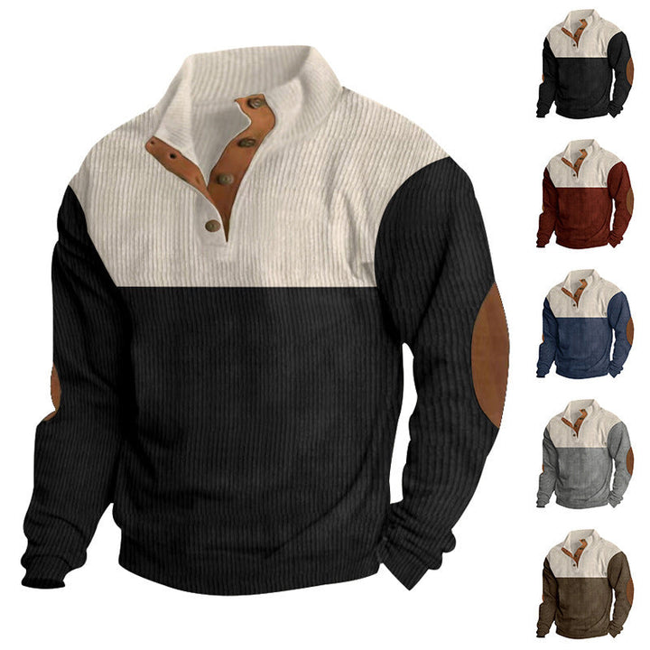 Herr Ribbad Henley Stickad Pullover med Ståkrage Contrast Yoke och Elbow Lappar