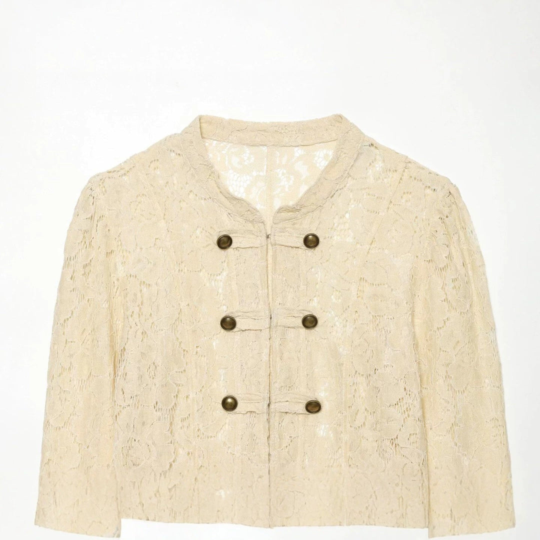 Dam Kort Lace Jacka i Military-Inspired Stil med Stå Krage och Dekorativ Knapp Knäppning
