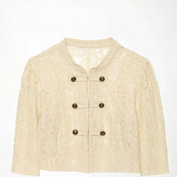 Dam Kort Lace Jacka i Military-Inspired Stil med Stå Krage och Dekorativ Knapp Knäppning