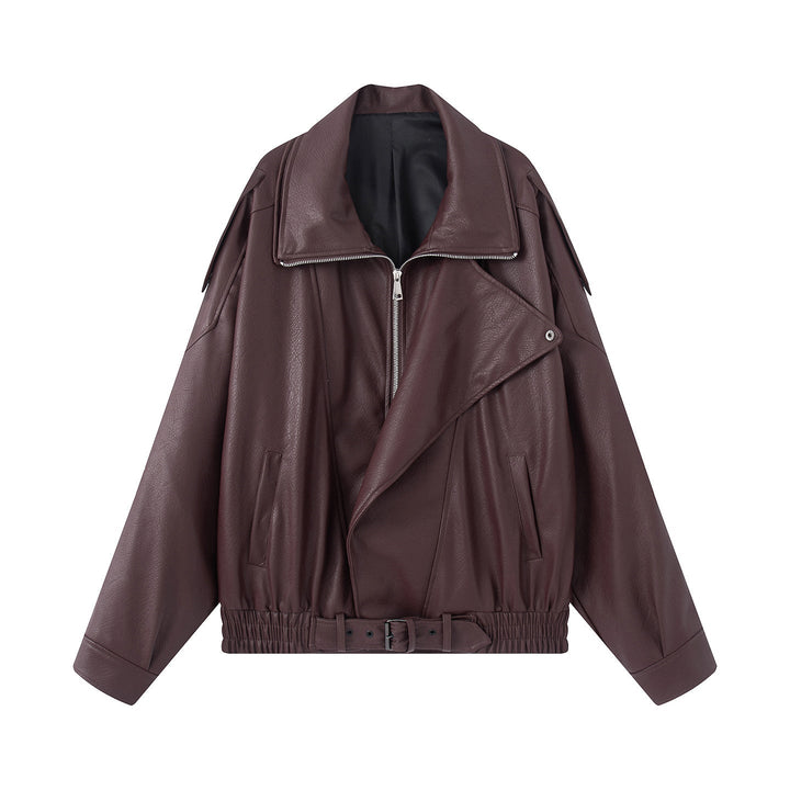 Dam oversized bikerjacka tillverkad av vegan läder look med asymmetrisk dragkedja, bred sjalkrage och waist-accentuating bälte