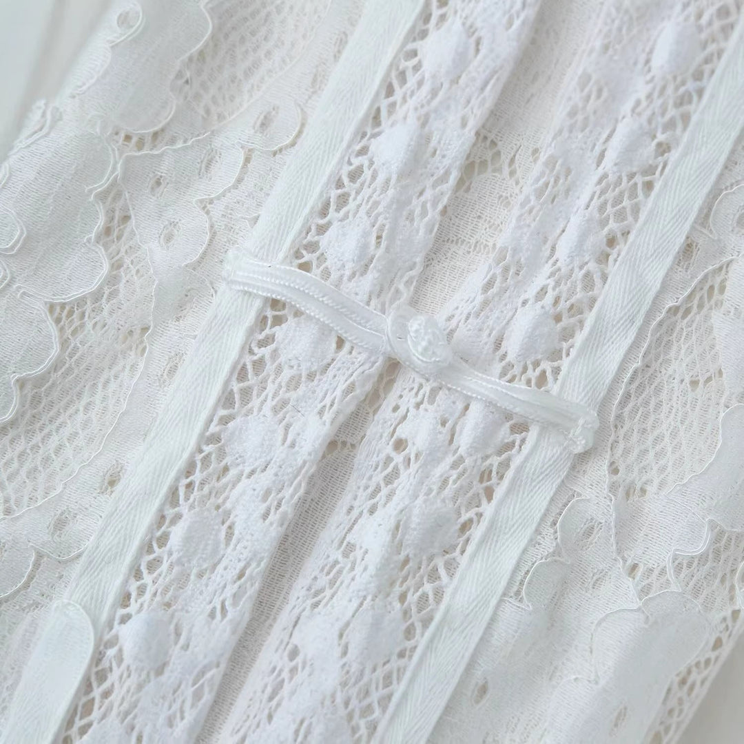 Dam Lace jacka med Stand krage, Chinese Knot och Transparent blommig design