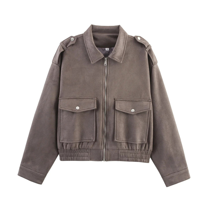 Dam cropped utility jacka med axel epaulettes, applied flap fickor, och elastisk fåll