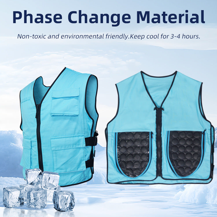 Unisex kylväst med reusable gel cooling inserts, adjustable side buckles, och multiple fickor