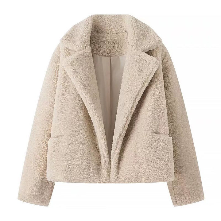 Dam kort kort teddy Boxy jacka med Shawl krage och praktisk Insert fickor