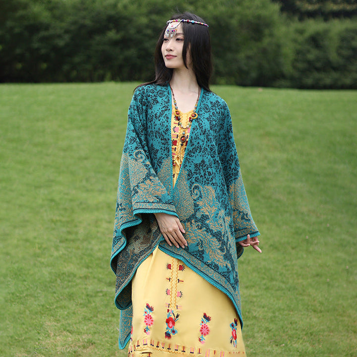 Dam Ornamental Jacquard capeponcho med Open Fall och Decorative Overlock Stitch