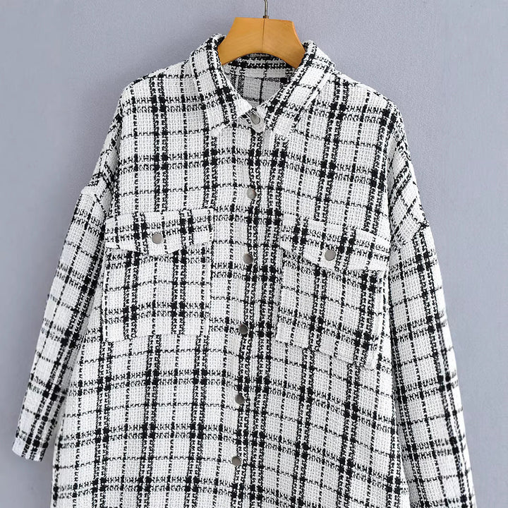 Dam oversize tweed skjortjacka med bröstfickor och Frayed fåll