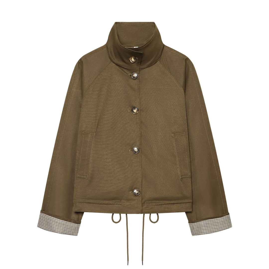 Dam Kort Fältjacka i Utility Look med Hög Stå Krage och Drawstring
