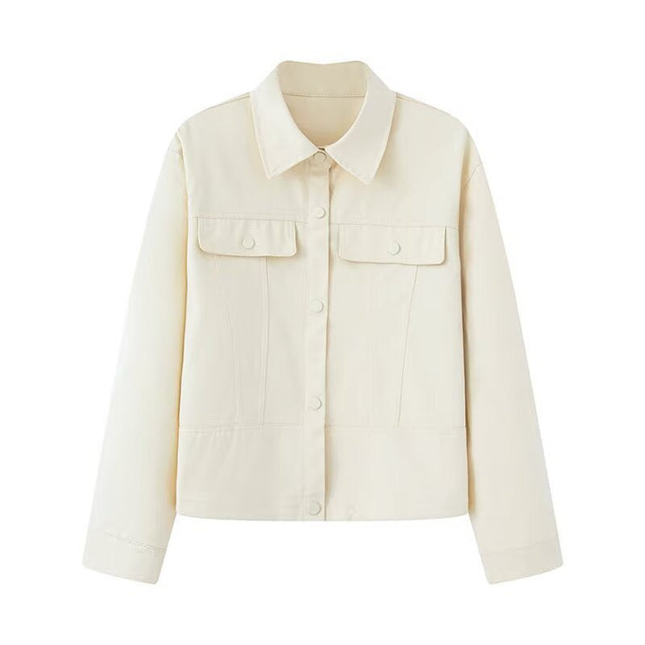 Dam Kort Skärning Boxig Overshirt Jacka i Vegan Läder Look med Lockfickor och Tryckknapp Knapp Stängning