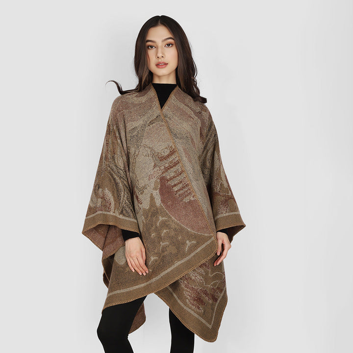 Dam jacquard stickad cape med floral graphic och asymmetrical fåll