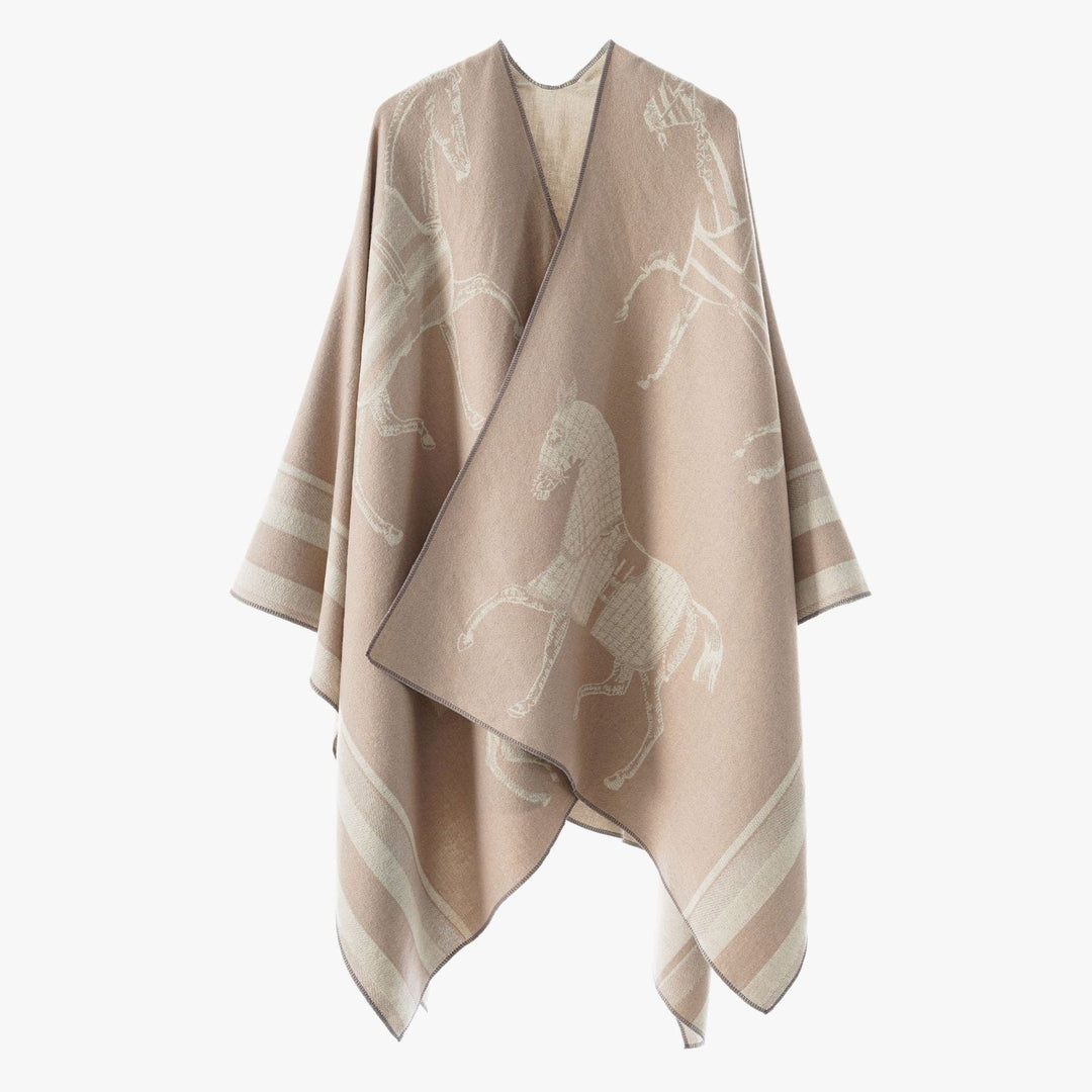 Dam Jacquard Poncho Wrap med Horse Motif och Boxig Kimono Silhuett