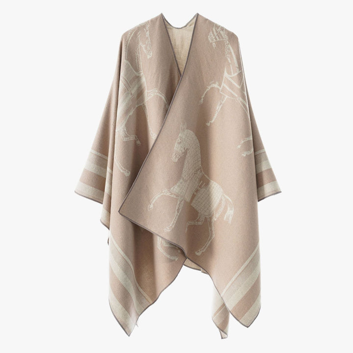Dam Jacquard Poncho Wrap med Horse Motif och Boxig Kimono Silhuett