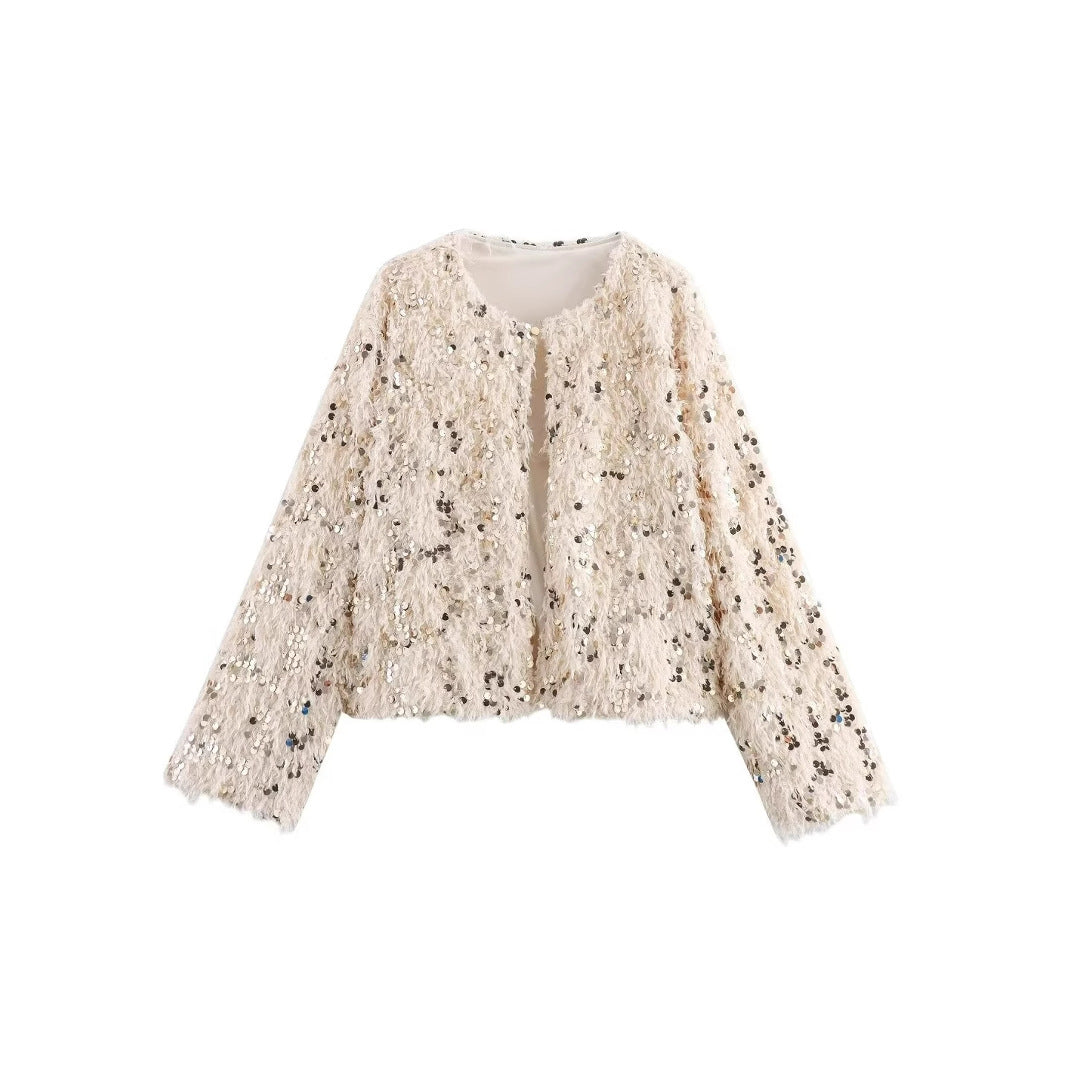 Dam Kort Jacka Gjord av Fluffy Konstpäls med Sequin Kant