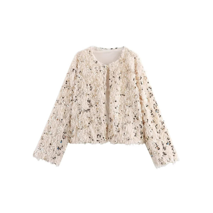 Dam Kort Jacka Gjord av Fluffy Konstpäls med Sequin Kant