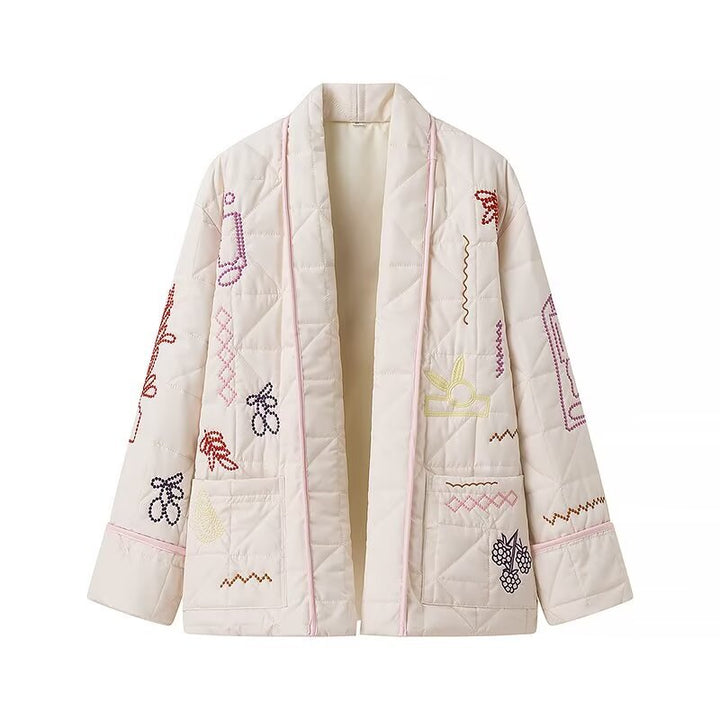 Dam vadderad kimono jacka med decorative embroidery, öppen front och påsydda fickor