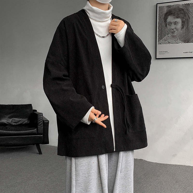 Herr oversize cord kimono cardigan med drawstring, utanpåfickor och drop ärmar