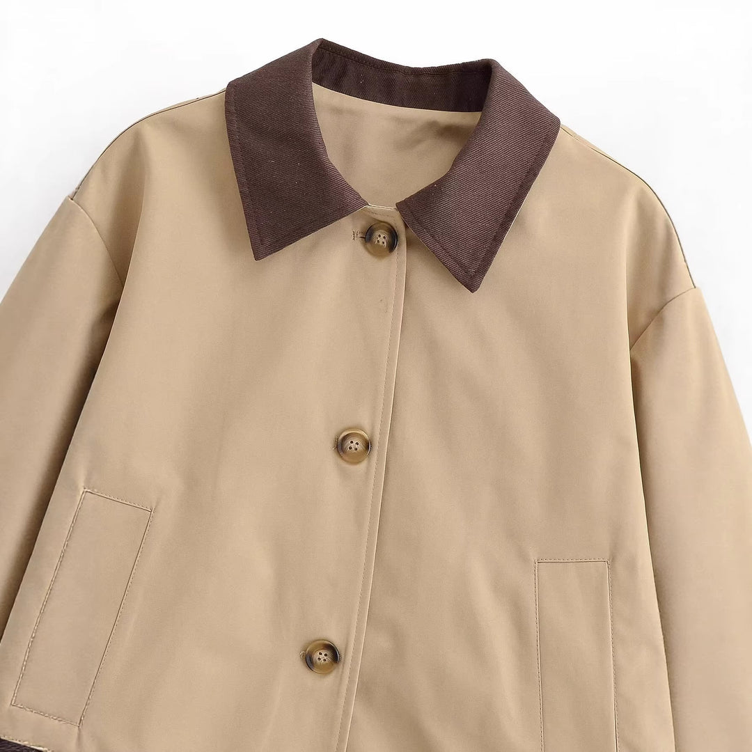 Dam Kort Skärning Blouson Jacka med Contrast Krage och Avslappnad Boxig Silhuett