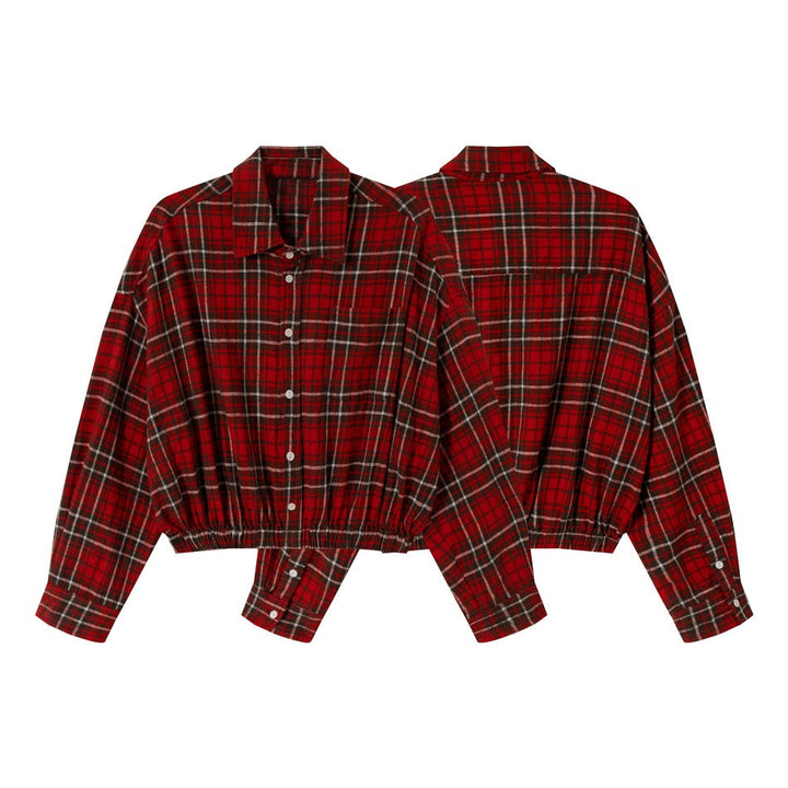Dam Kort Skärning Oversized Skjorta Jacka i Check Flanell med Elastic Fåll