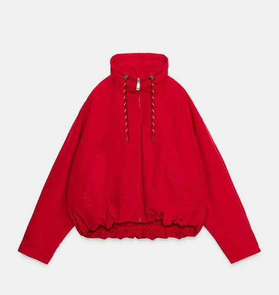 Dam Kort Outdoor Blouson Jacka med Hög Stå Krage, Drawstring, och Elastic Nederkant