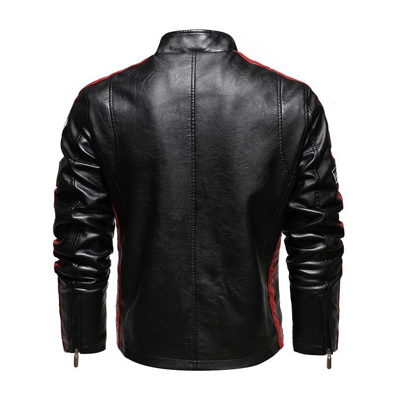 Herr Racing-Style Konstläder Jacka med Patches, Kontrast Ränder och Stående Krage