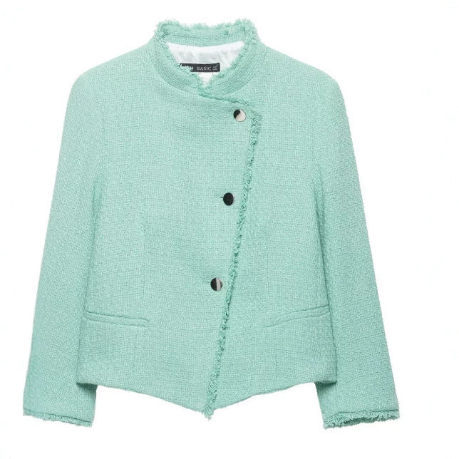 Dam Kort Boucléjacka med Asymmetrisk Knapp Knäppning och Fringe Nederkant
