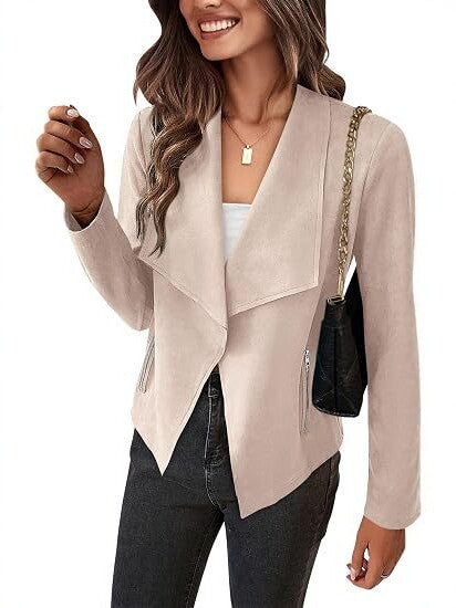 Dam Faux Mocka Waterfall Blazer med Asymmetrical Fåll och Fickor med Dragkedja