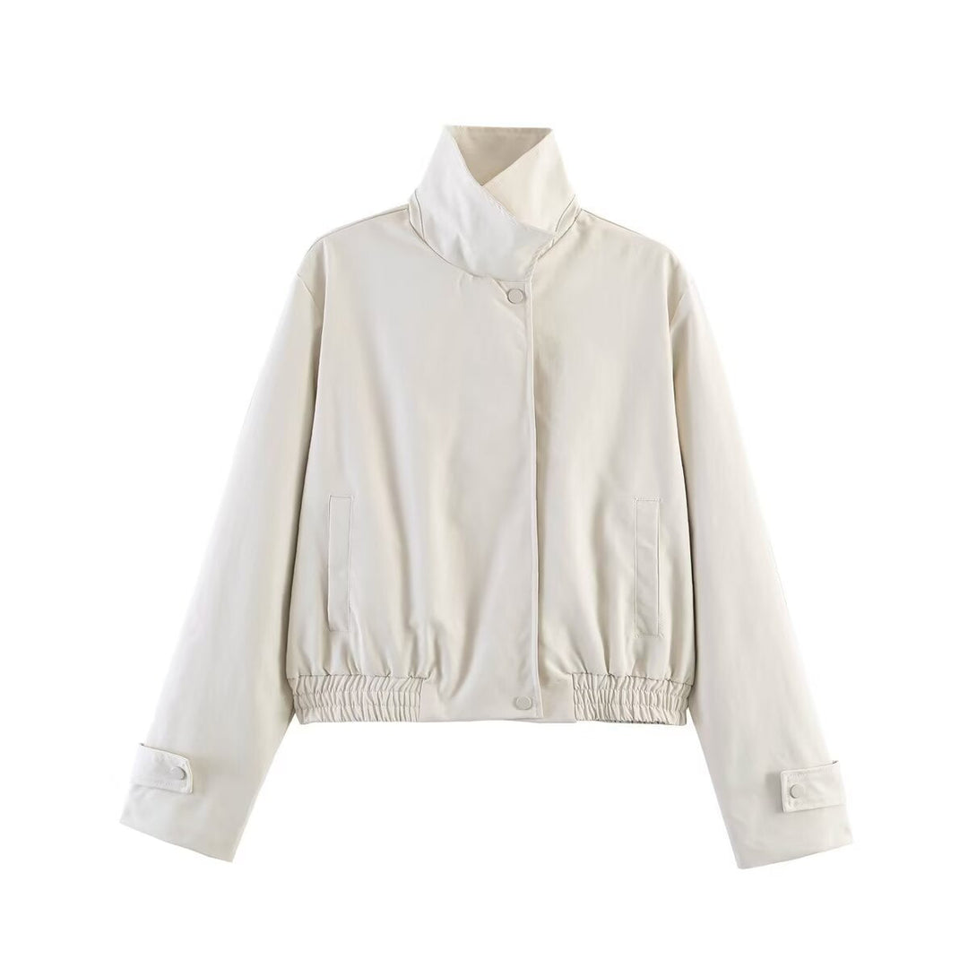 Dam kort skärning boxy blouse jacka med hög ståkrage, snap knappslå, och elastic fåll