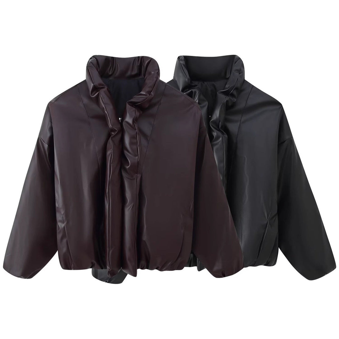Dam Oversized Konstläder Blouson med Voluminous Ståkrage och Elastic Fåll