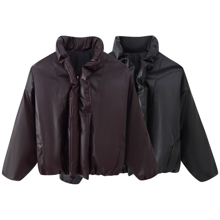 Dam Oversized Konstläder Blouson med Voluminous Ståkrage och Elastic Fåll