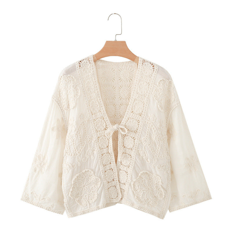 Dam Boho Crochet Lace Jacka med V-Neck och Tie