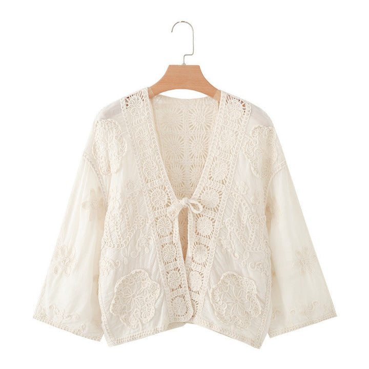 Dam Boho Crochet Lace Jacka med V-Neck och Tie