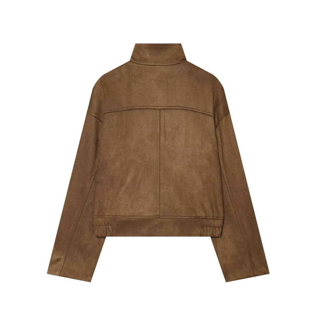 Dam Kort Boxig Suede Jacka med Stå Krage och Patch Fickor