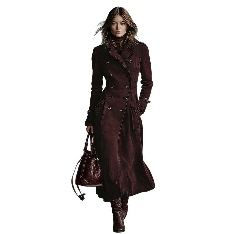 Dam längre skräddad trenchcoat in mocka look med Double-Breasted knappslå och Buckle muddar