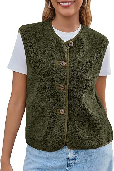 Dam teddy fleece väst med knappslå och sidofickor