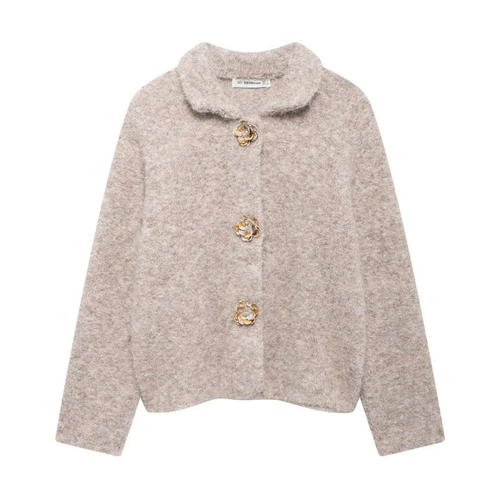 Dam kort bouclé teddy jacka med decorative flower knappar, skjortkrage, och boxy passform
