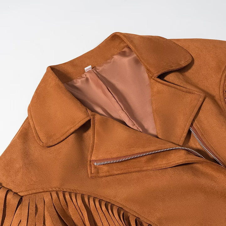 Dam mocka look Fringe jacka med oversize skärning, midjebälte och Statement ärmar