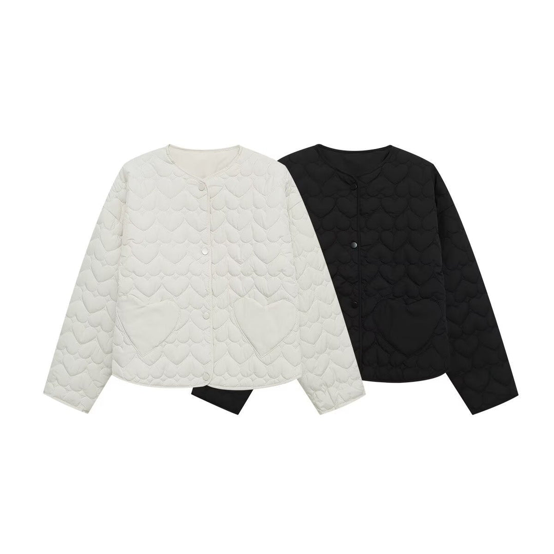 Dam Kort Quiltad Jacka med Heart Quilting och Heart Fickor