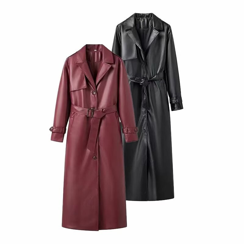Dam lång konstläder trenchcoat med midjebälte, vid Lapels och Water-Resistant Surface