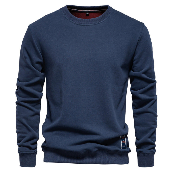 Herr Klassisk Crew Neck College-Tröja Gjord av Kraftig Bomullsblandning med Fleece Inner Side och Ribbstickade Muddar