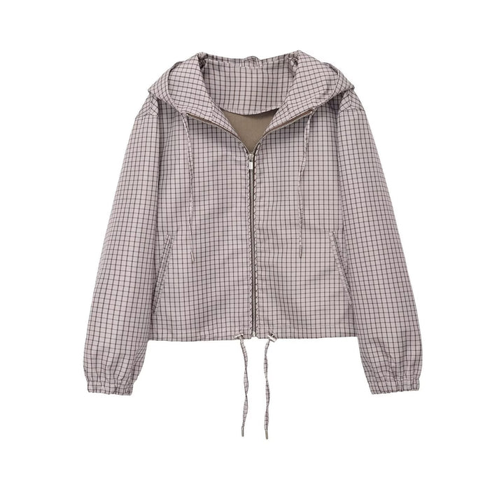Dam Kort Skärning med Huva Jacka med Check Quiltad Mönster, Dragkedja och Drawstring