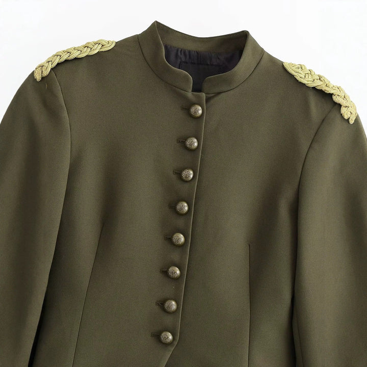 Dam Fitted Military Kort Jacka med Stå Krage, Epaulettes, och Adorned Dekorativ Knots