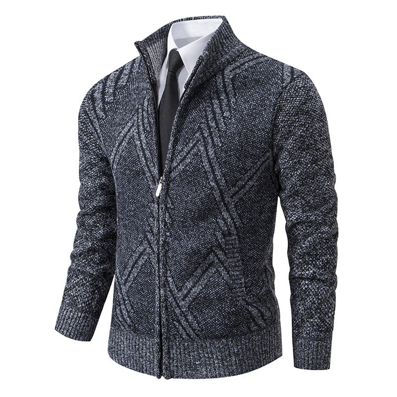 Herr Chunky Stickad Dragkedja Cardigan med Ståkrage och Geometrisk Structure Mönster