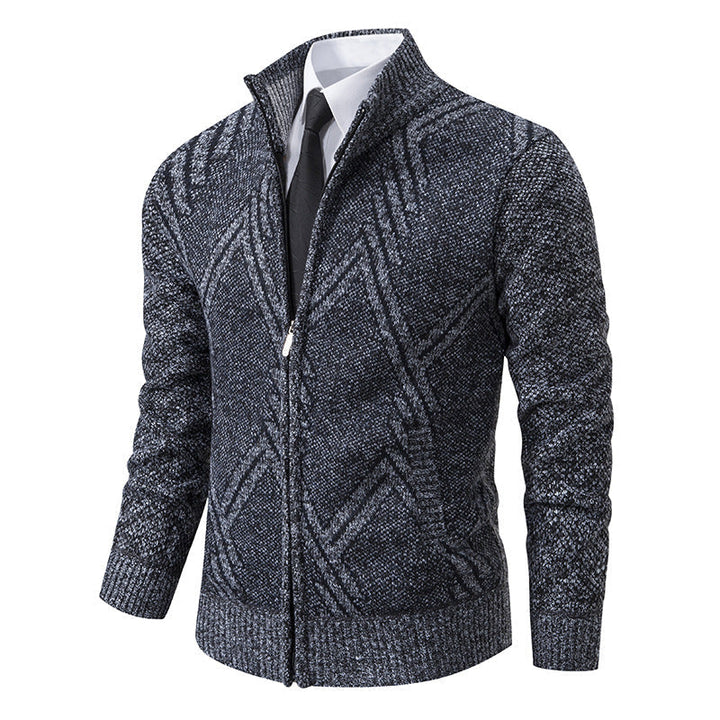 Herr Chunky Stickad Dragkedja Cardigan med Ståkrage och Geometrisk Structure Mönster