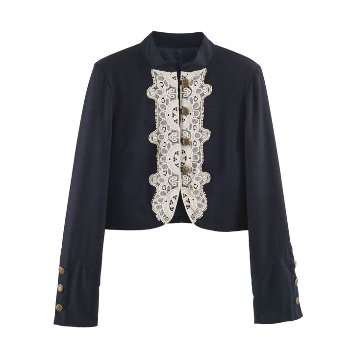 Dam Kort Bolero Blazer med Lace Front och Dekorativ Knapp Details