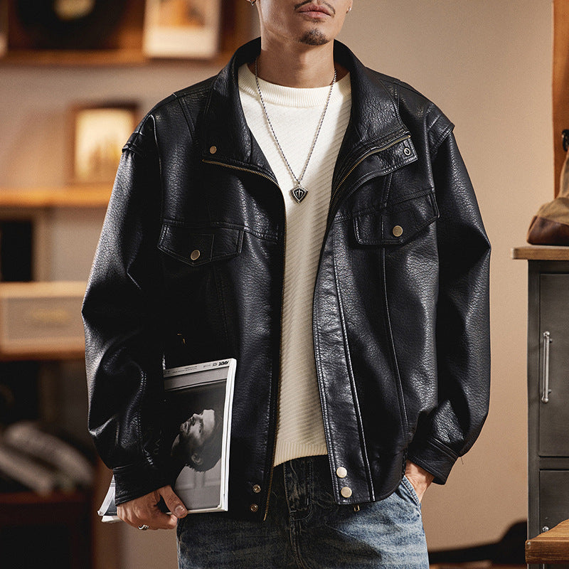 Herr Oversized Konstläder Jacka i Worker Look med Lock Fickor