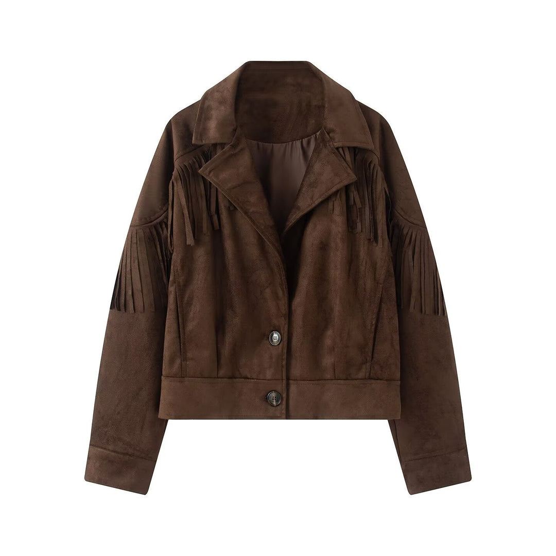 Dam Kort Suede Imitation Jacka med Fringes och Lapel Krage