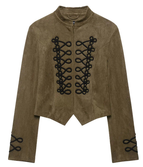 Dam Kort Skärning Suede Jacka i Military Look med Stå Krage och Dekorativ Cord Frog Appliqué