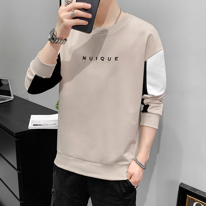 Herr Lätt Colorblock College-Tröja med Round Neck, Ribbstickade Muddar &amp; Minimalistisk Logo Embroidery