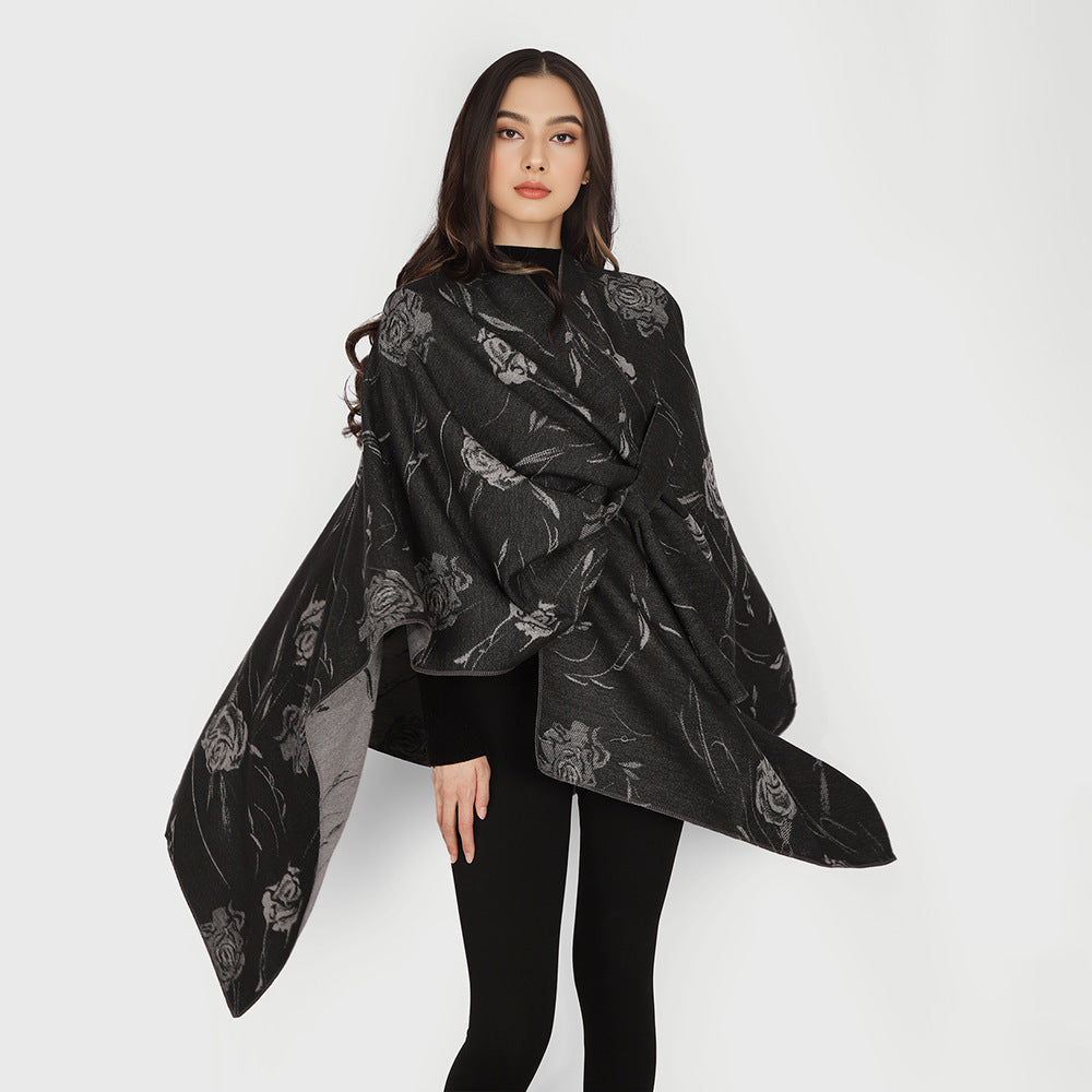 Dam Reversible capeponcho med Rose Jacquard och Tie bälte