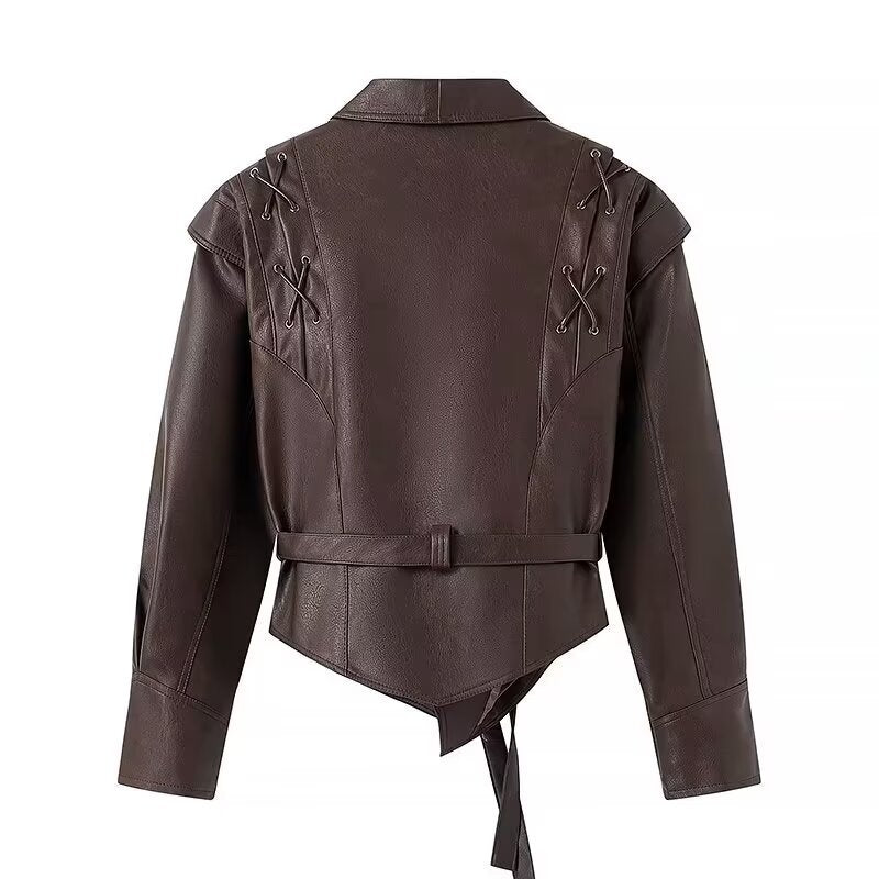 Dam kort blazer läder jacka med Shawl krage, midjebälte och Lacing Detail